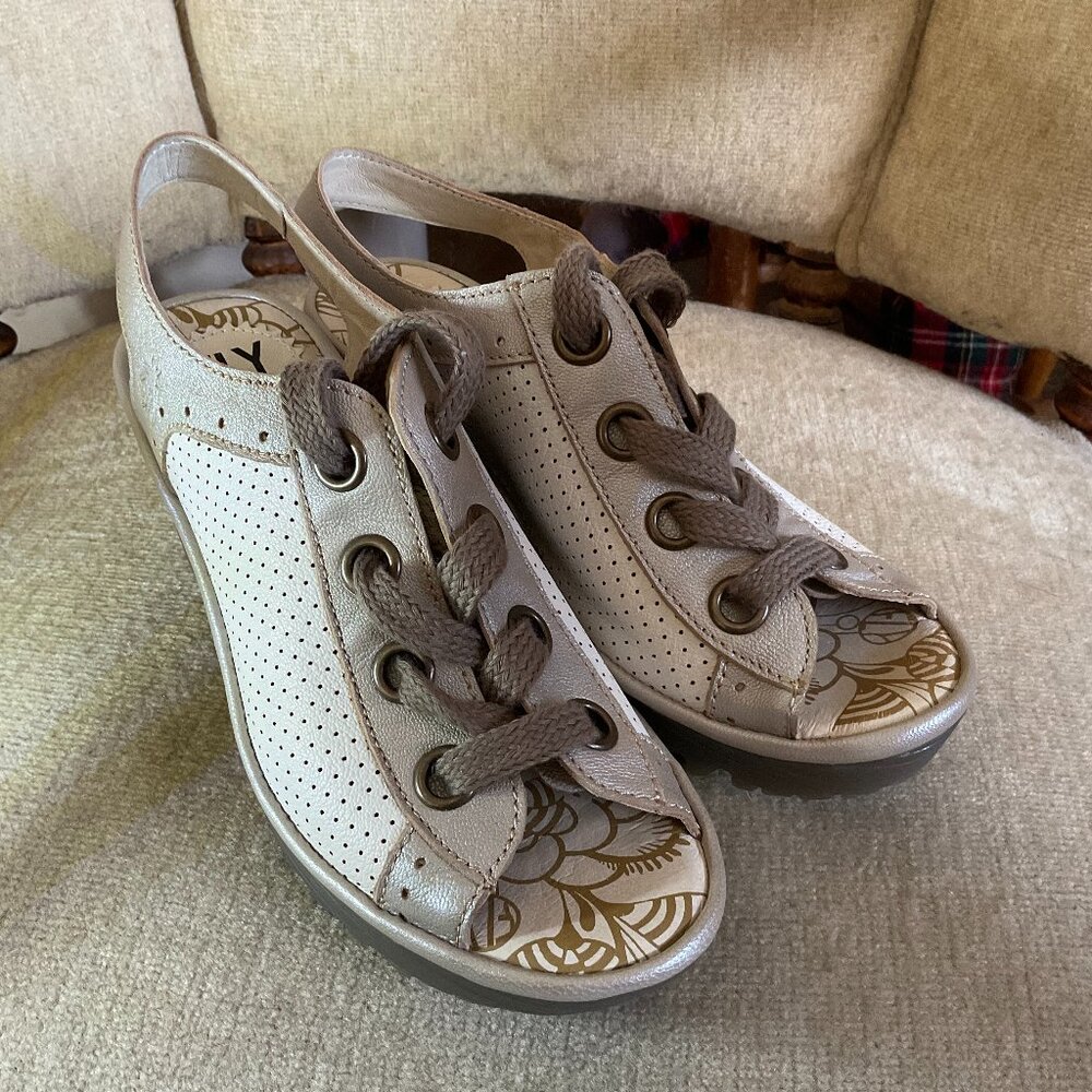 Fly London Yito Daman Silver Leather Lace Up Wedge Sandals Shoes 37 US 6.5